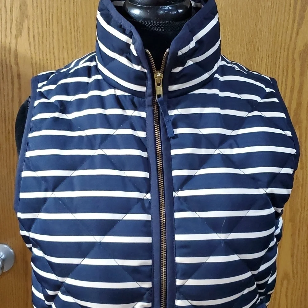 J crew down filled quilted puffer vest navy white striped